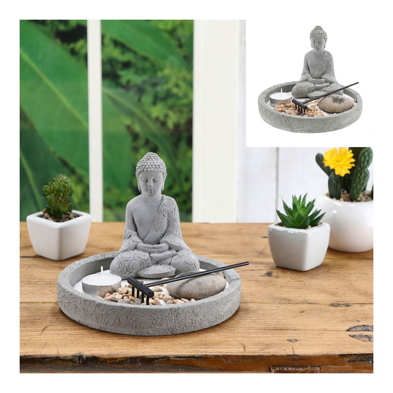 Zen Garten Set mit 1 Teelicht 7-er Set, aus Zement grau (B/H/T) 18x13x18cm