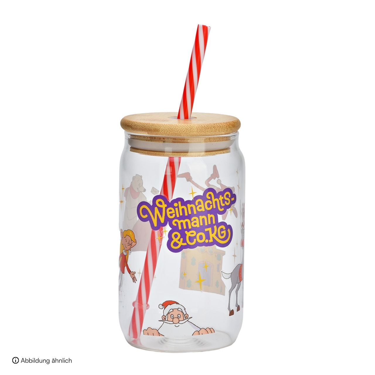 Babbo Natale & Co. KG Bicchiere da bere con coperchio/stecca in vetro/bambù, trasparente (L/H/D) 8x13x8cm 470ml Glasflasche, Strohhalm, Holzdeckel, festlich, Weihnachten