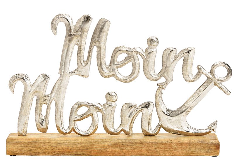 Aufsteller Schriftzug, Moin Moin, Maritim Dekor, auf Mangoholz Sockel, aus Metall Silber (B/H/T) 35x22x5cm