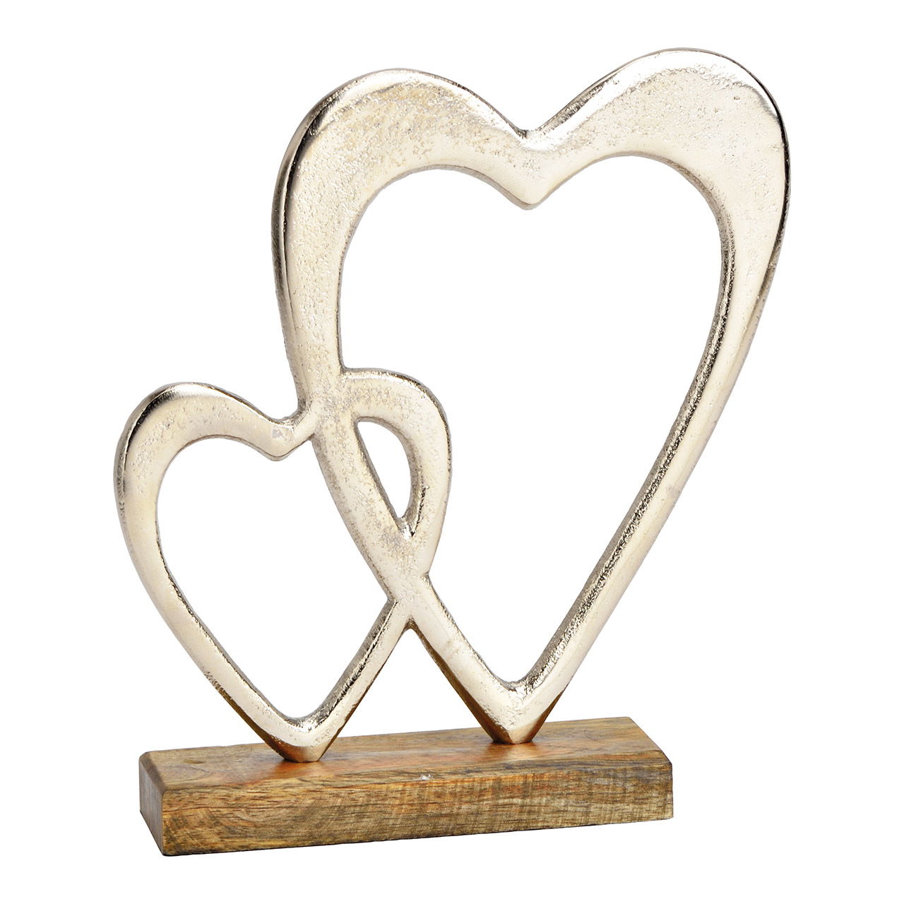 Hart op mango houten voet, zilver metaal (w/h/d) 22x22x5cm