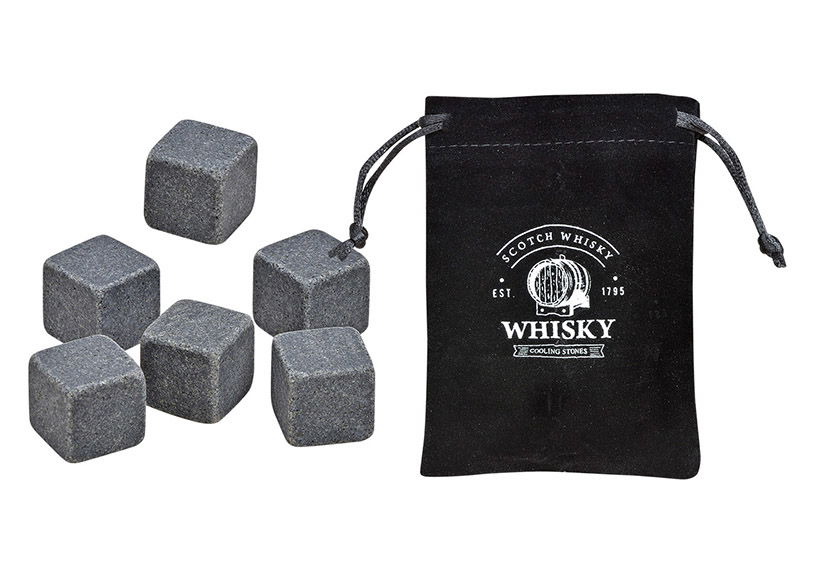 Set di pietre da whisky, cubetti di ghiaccio in pietra basaltica 2x2x2cm Grigio set di 6, in scatola di legno (L/H/D) 10x6x3cm