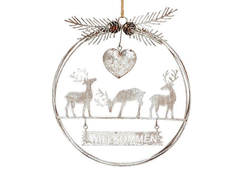 Christmas hanger, deer decor, Willkommen made of metal silver (W/H/D) 19x22x3cm
