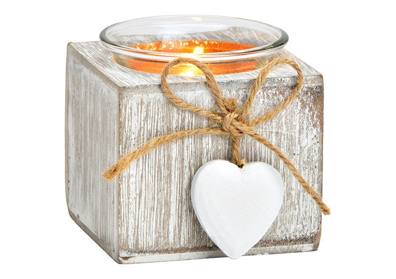Bougeoir avec pendentif coeur en bois, verre blanc (L/H/P) 7x7x7cm