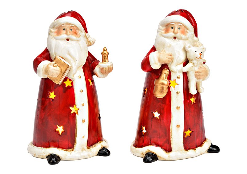 Lantern Santa Claus with teddy bear, book, candle made of porcelain red 2-fold, (W/H/D) 10x17x9cm