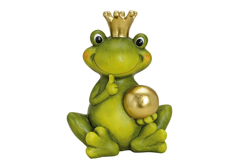 Rey rana con bola dorada, cerámica, 26 x 35 x 44 cm.