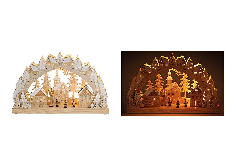 Lichts bow, church in winter forest design, with led lights, made of wood, beige color, with glitter 45x28x8cm