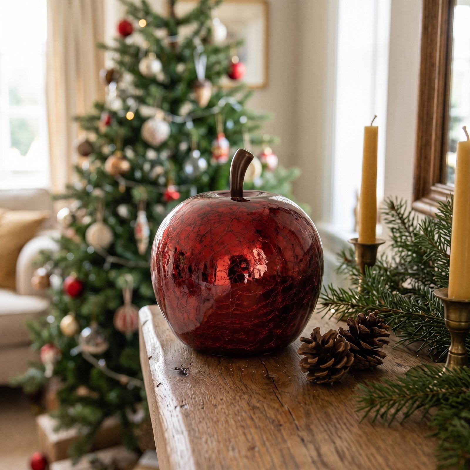 Apple with 30 LEDs made of glass, metallic red (W/H/D) 22x24x22cm with 6/18 timer battery operation 3xAA not included apfel, knisternde oberfläche, rot, glas, dekorativ