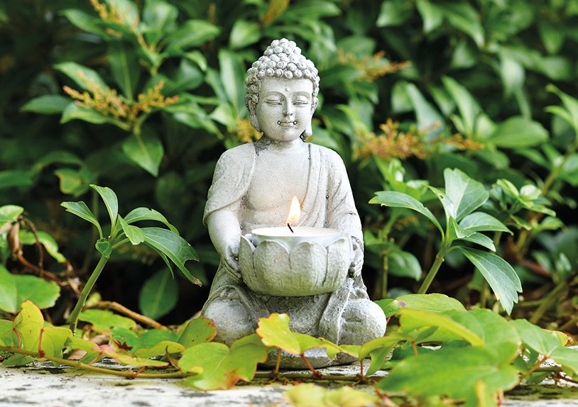 Buddha mit Teelichthalter in grau aus Poly, B9 x T8 x H14 cm