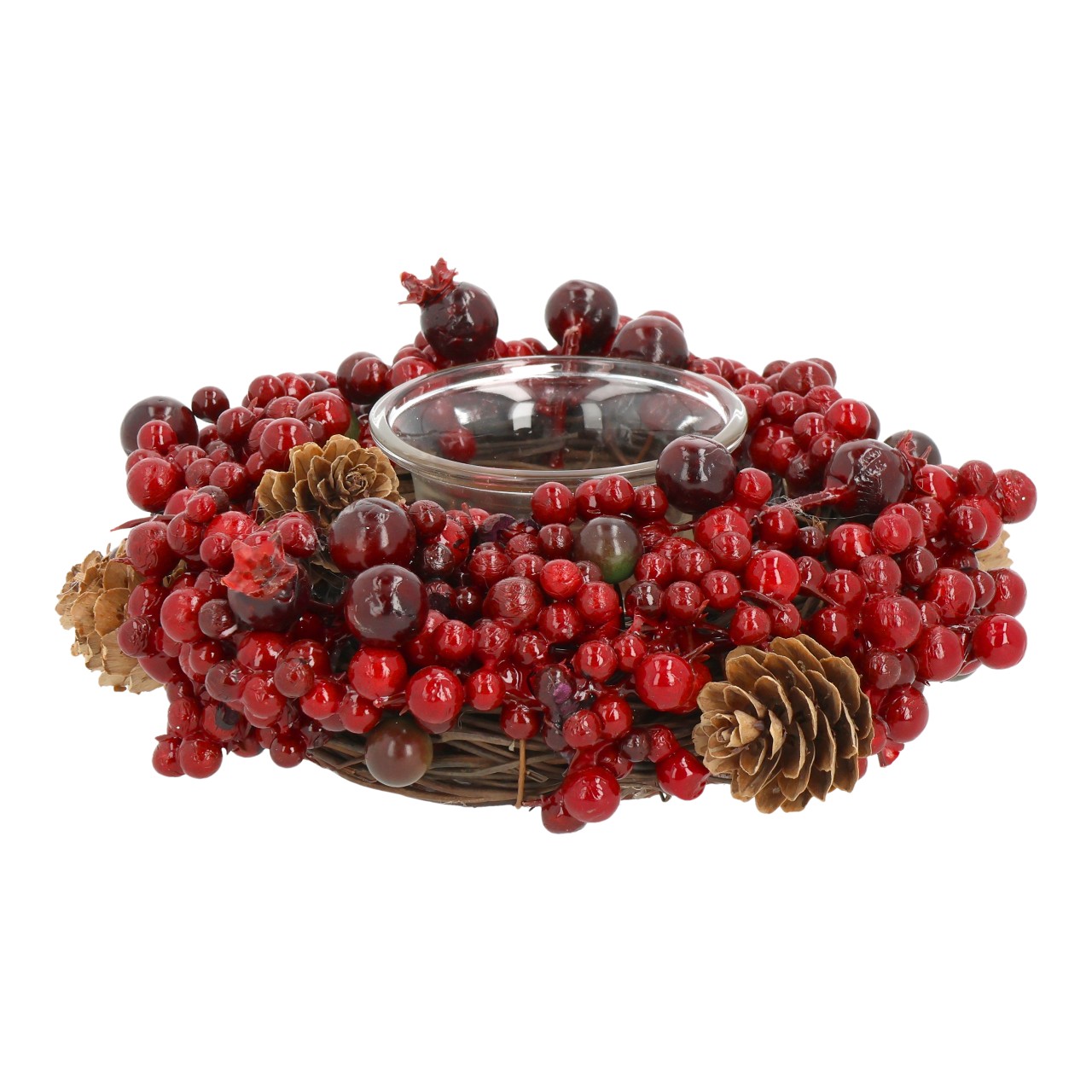 Theelichthouder krans met bessen/kegels van natuurlijk materiaal rood (B/H/D) 15x5x15cm Weihnachtsdeko, Beerenkorb, Zweige, Kiefernholz, KÌrbe