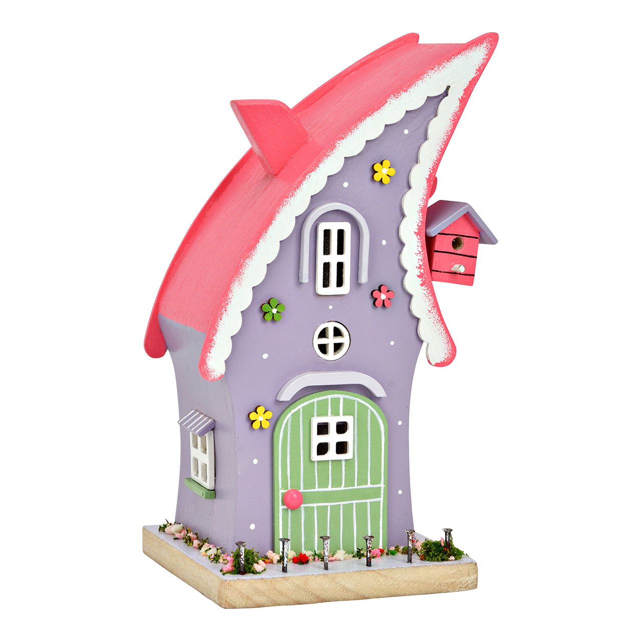 LED Lichthäus mit Schrägdach aus Holz, Lila/Pink (B/H/T) 12x22x11cm (exkl. 2xAAA) Essen, Süßigkeiten, Plätzchen, Spielzeug