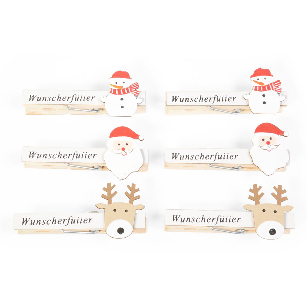 Geschenkklammer Wunscherfüller, 3 Motive, Holz , 7.2x1x1.3cm, 6 Stck./ Pckg, rot-natur Draußen, Natur, Winter