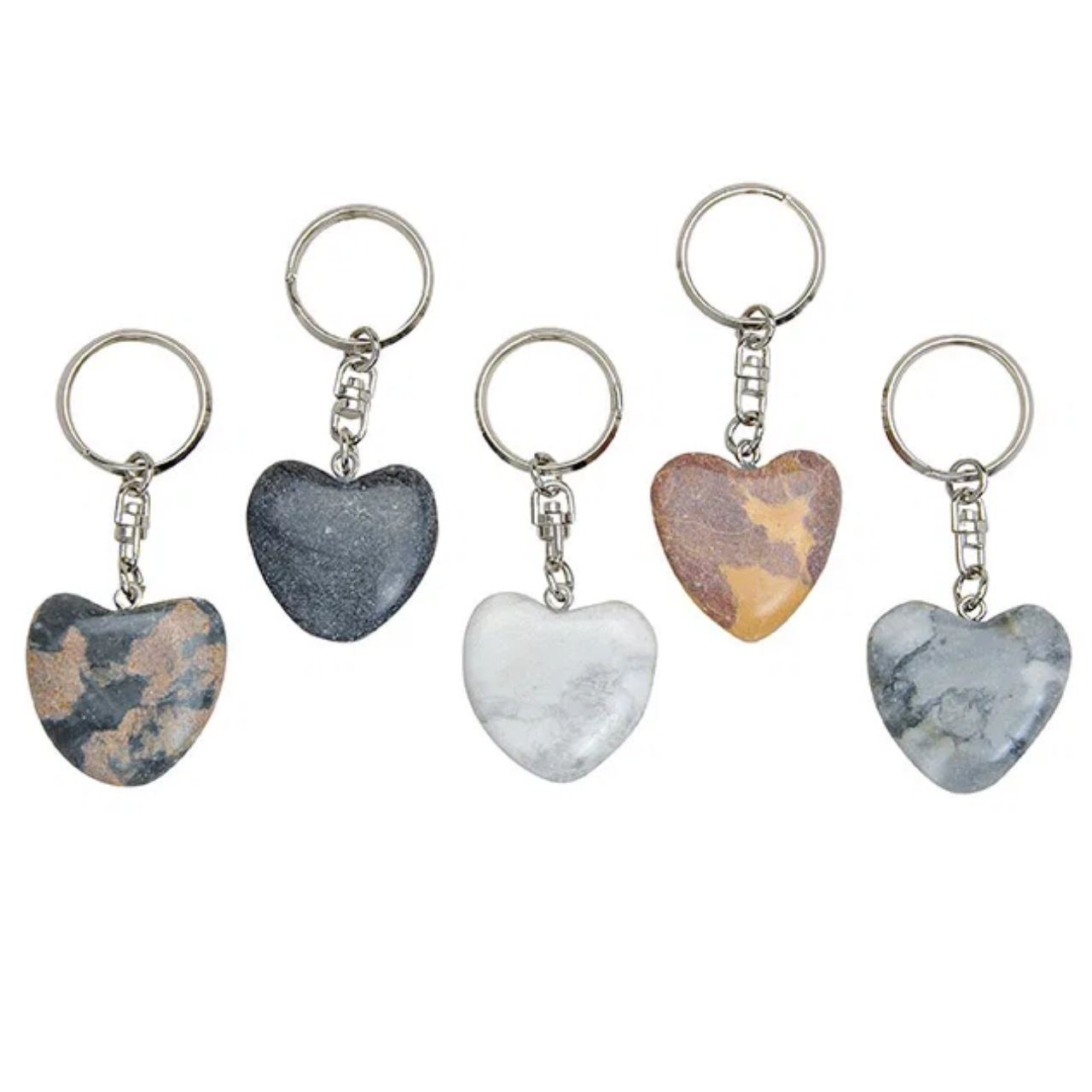 Schlüsselring Herz aus Marmor, 3 cm, 5-fach sort. Schmuckset, Herz-Anhänger, Schlüsselanhänger, Geometrischer Anhänger, Künstlerischer Stein, Herz-Anhänger, Schlüsselanhänger, Stone, Marmor-Optik, Metallkette