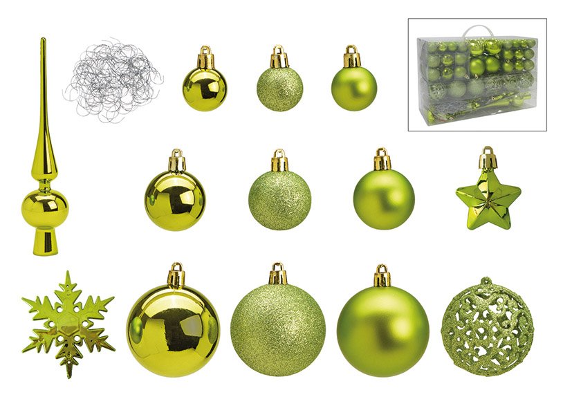 Set de boules de Noël en plastique Vert 111 pièces, (L/H/P) 36x23x12cm Ø3/4/6cm