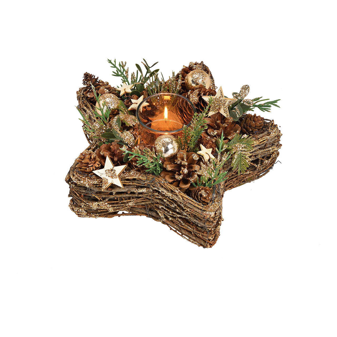 Teelichthalter Stern, Weihnachtsdekor aus Holz, Kunststoff, Glas Braun (B/H/T) 26x11x26cm