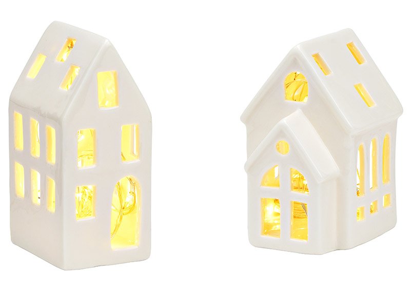Windlicht keramisch huis wit 2-voudig, (B/H/D) 6x11x4cm 8x10x6cm