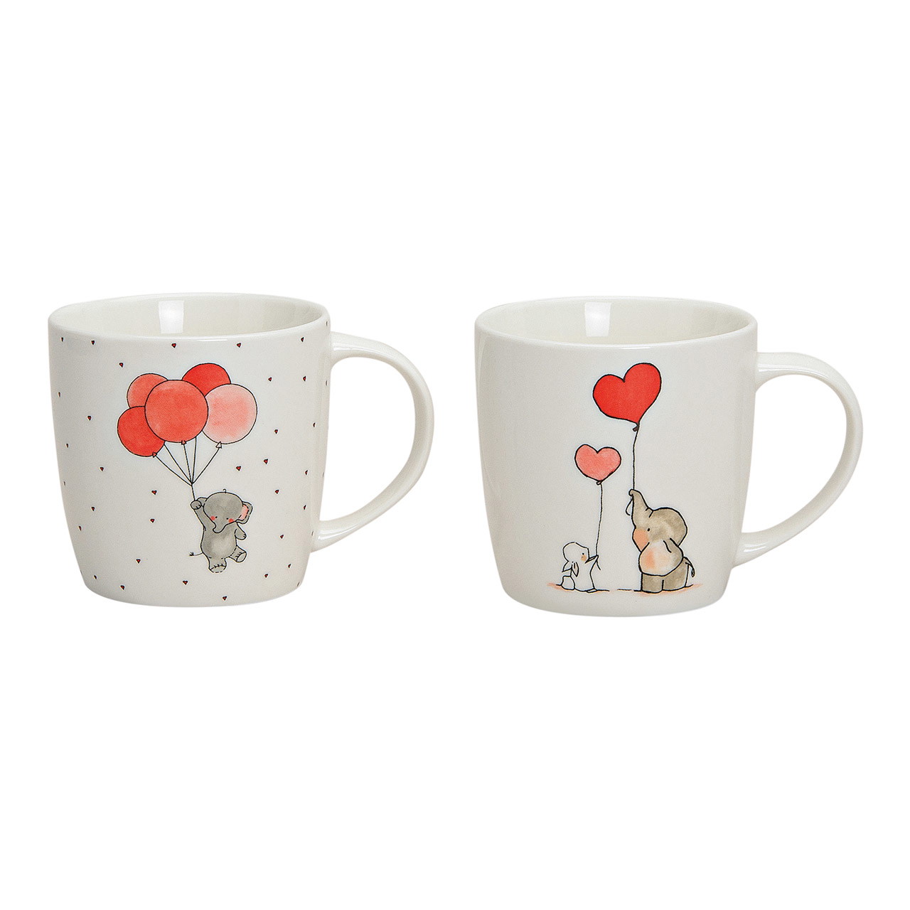 Becher Elefant aus Porzellan, 2-fach sortiert, 8 cm, 300 ml Becher, Tasse, Keramik, Herz-Motiv, Paar-Design