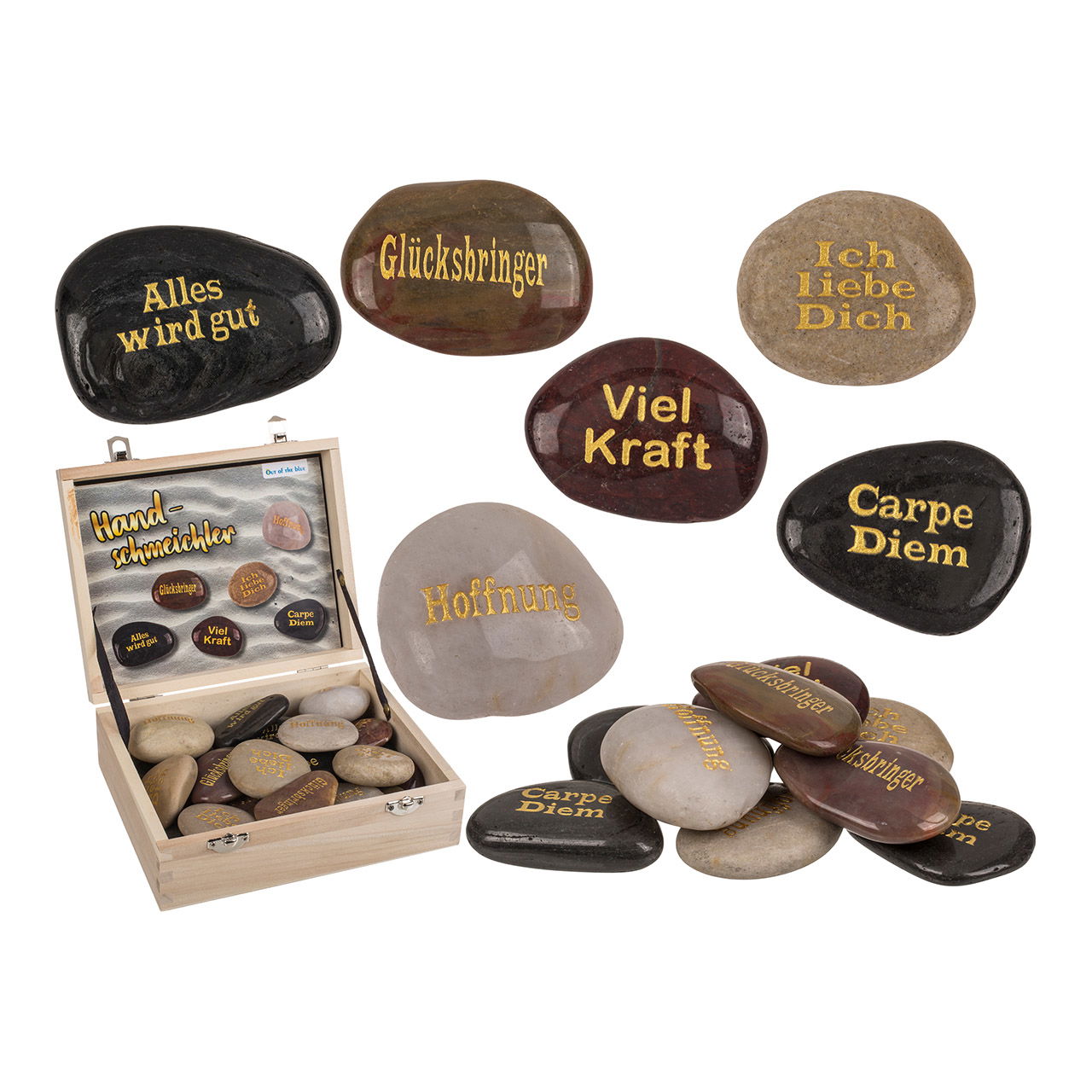 Handklopper met belettering van gepolijste natuurstenen 6-voudig, 24 stuks in houten doos(B/H) 4x3cm Handklopper met belettering van gepolijste natuurstenen 6-voudig, 24 stuks in houten doos(B/H) 4x3cm