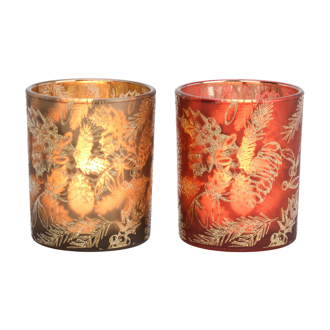 Windlicht Zapfen und Blätter aus Glas Rot/Braun 2-fach sortiert (B/H/T) 7x8x7cm Pokal, Manschette, Pokal, Manschette