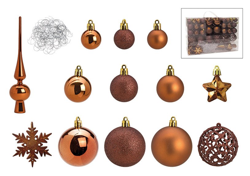 Juego de bolas de Navidad de plástico Marrón 111 piezas, (c/h/d) 36x23x12cm Ø 3/4/6 cm