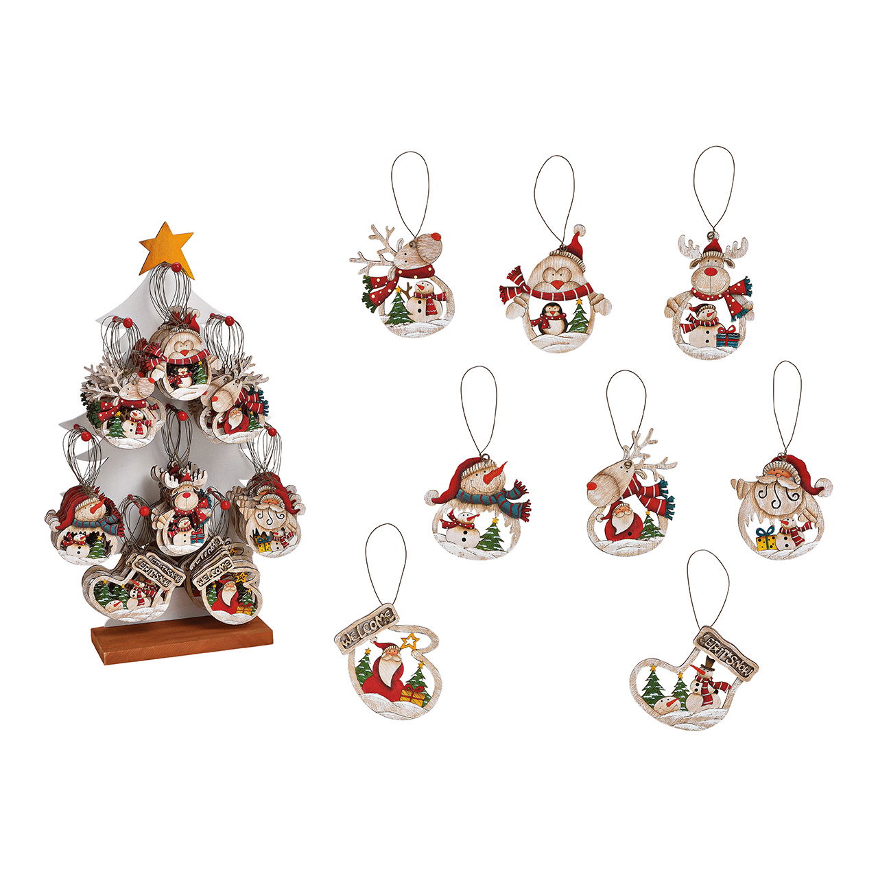 Weihnachtshänger Nikolaus/Elch/Schneemann/Pinguin auf Baumständer aus Holz, 8-fach, Bunt (B/H/T) 8x9x0.5cm/26x47x12cm Weihnachtshänger Nikolaus/Elch/Schneemann/Pinguin auf Baumständer aus Holz, 8-fach, Bunt (B/H/T) 8x9x0.5cm/26x47x12cm