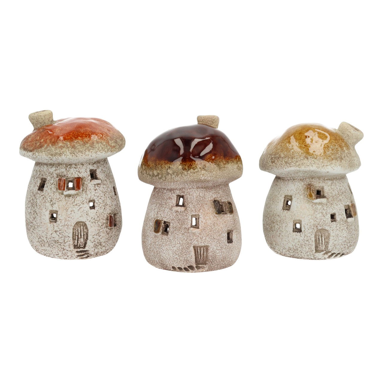Photophore Maison champignon en faïence, marron, 3 compartiments, (L/H/P) 8.5x11.7x8.6cm Kunst, Kunsthandwerk, Spielzeug, Töpferei