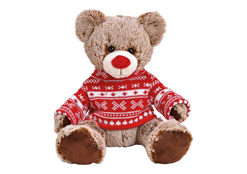 Bear plush, brown, red pullover, 22x24x20cm