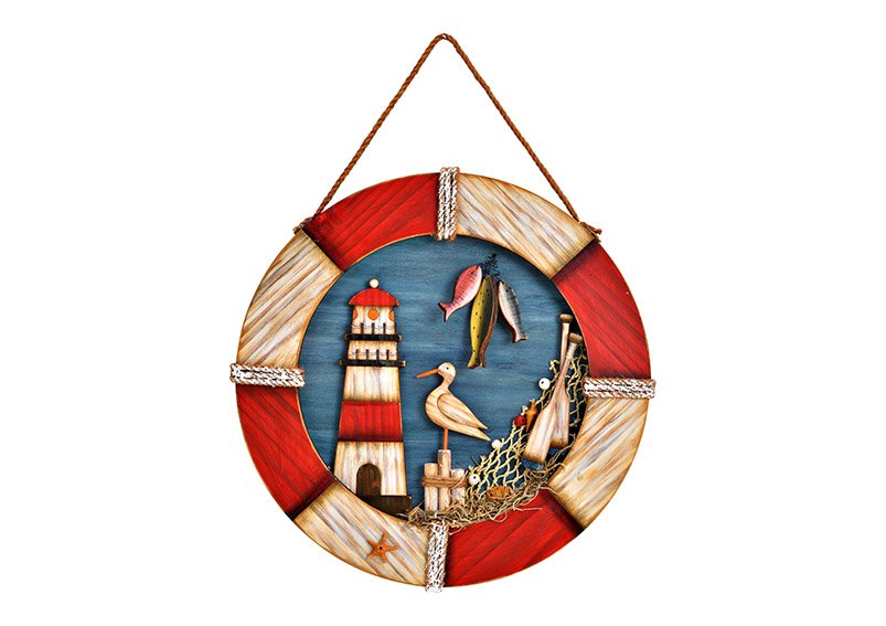 Hänger Rettungsring, Leuchtturm, Maritim aus Holz Bunt (B/H/T) 36x36x3cm