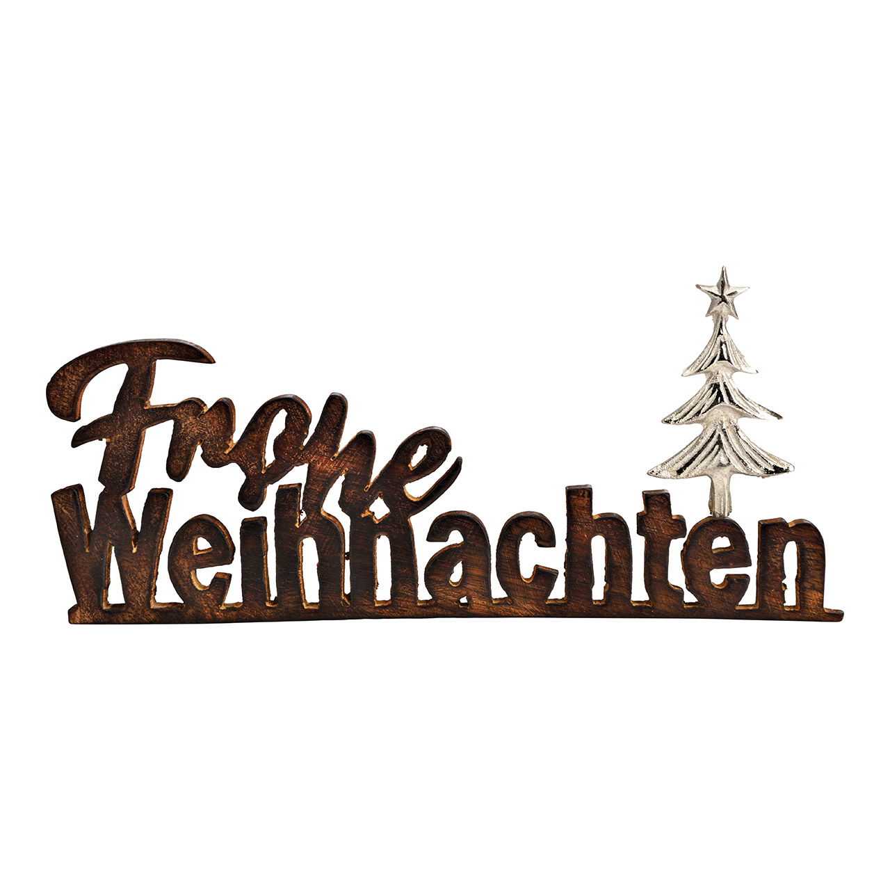 Aufsteller Schriftzug, Frohe Weihnachten aus Mangoholz braun (B/H/T) 14x30x2cm