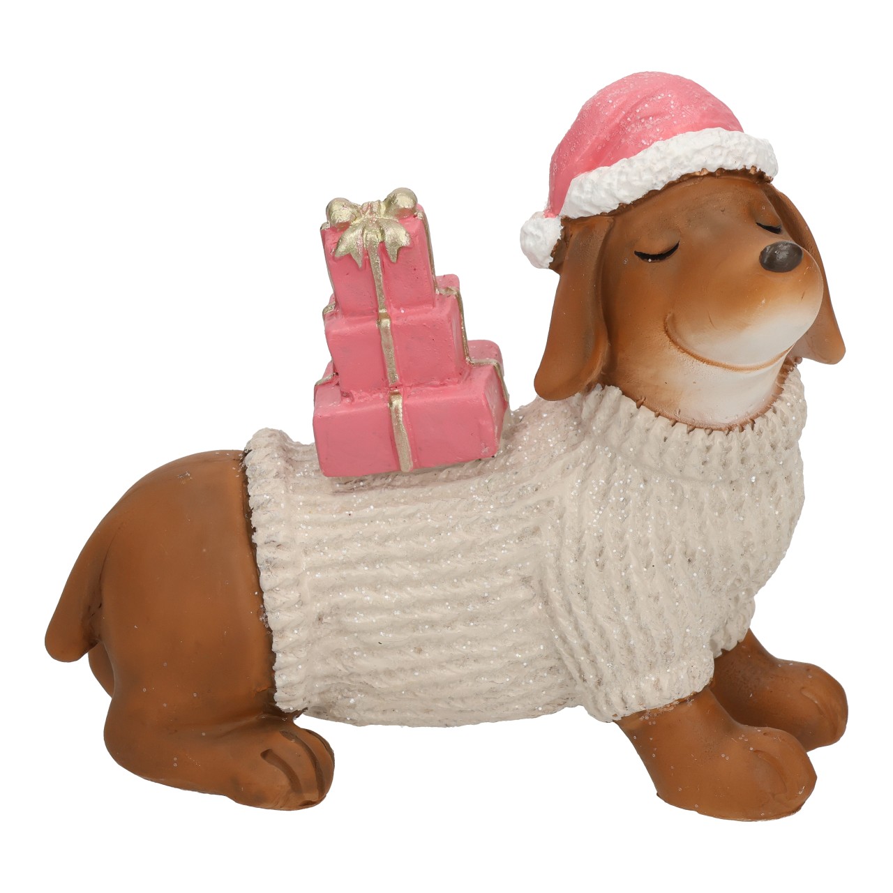 Hundfigur, Santa-Hut, Pinke Geschenke, Weißer Pullover, Festschmuck