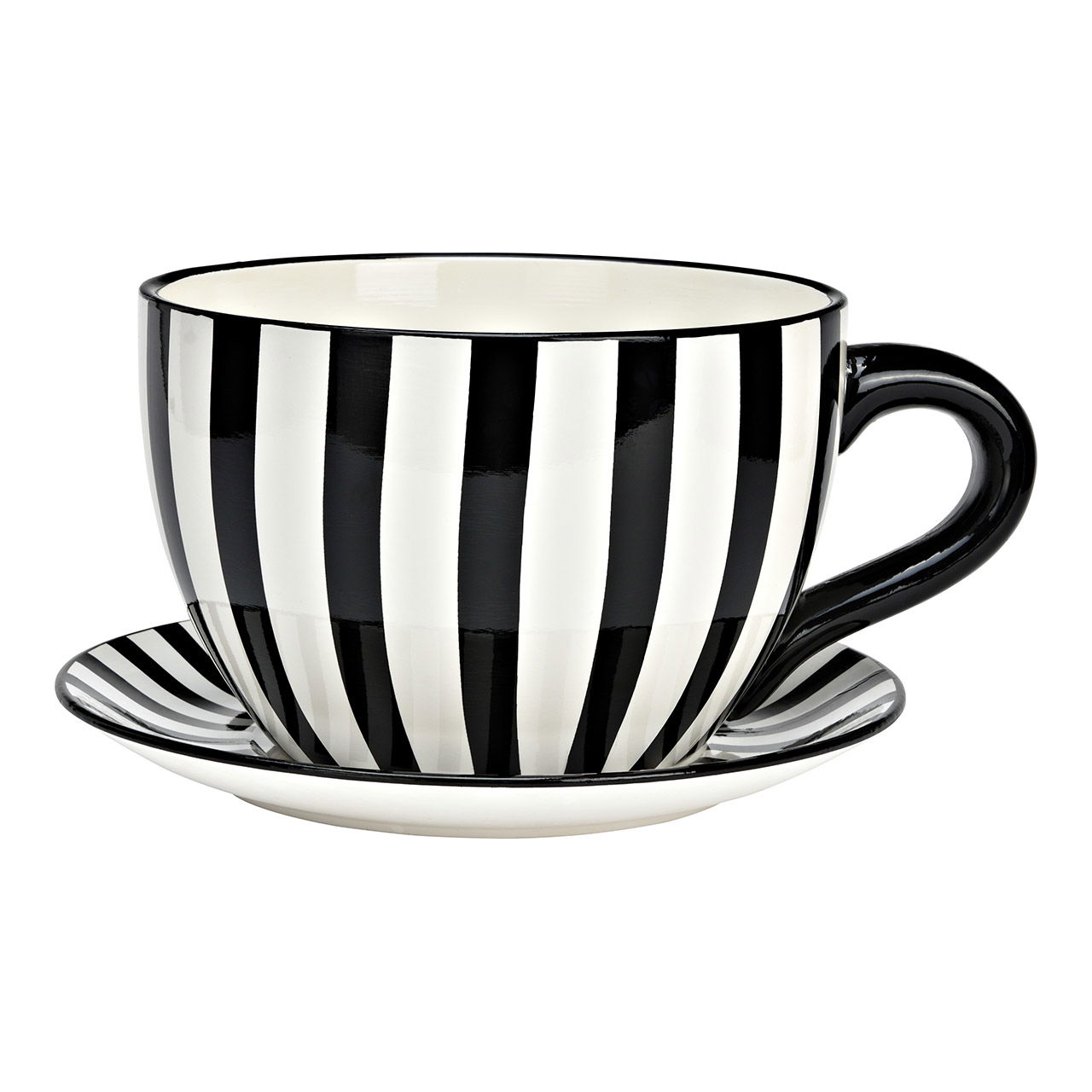 Blumentopf Tasse gestreift aus Keramik, Schwarz/Weiß (B/H/T) 34x16x28cm