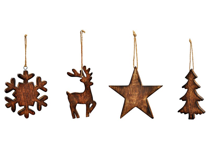 Pendentif de Noël étoile, arbre, cerf, flocon de neige en bois de manguier brun 4 fois, (L/H/P) 12x12x1cm