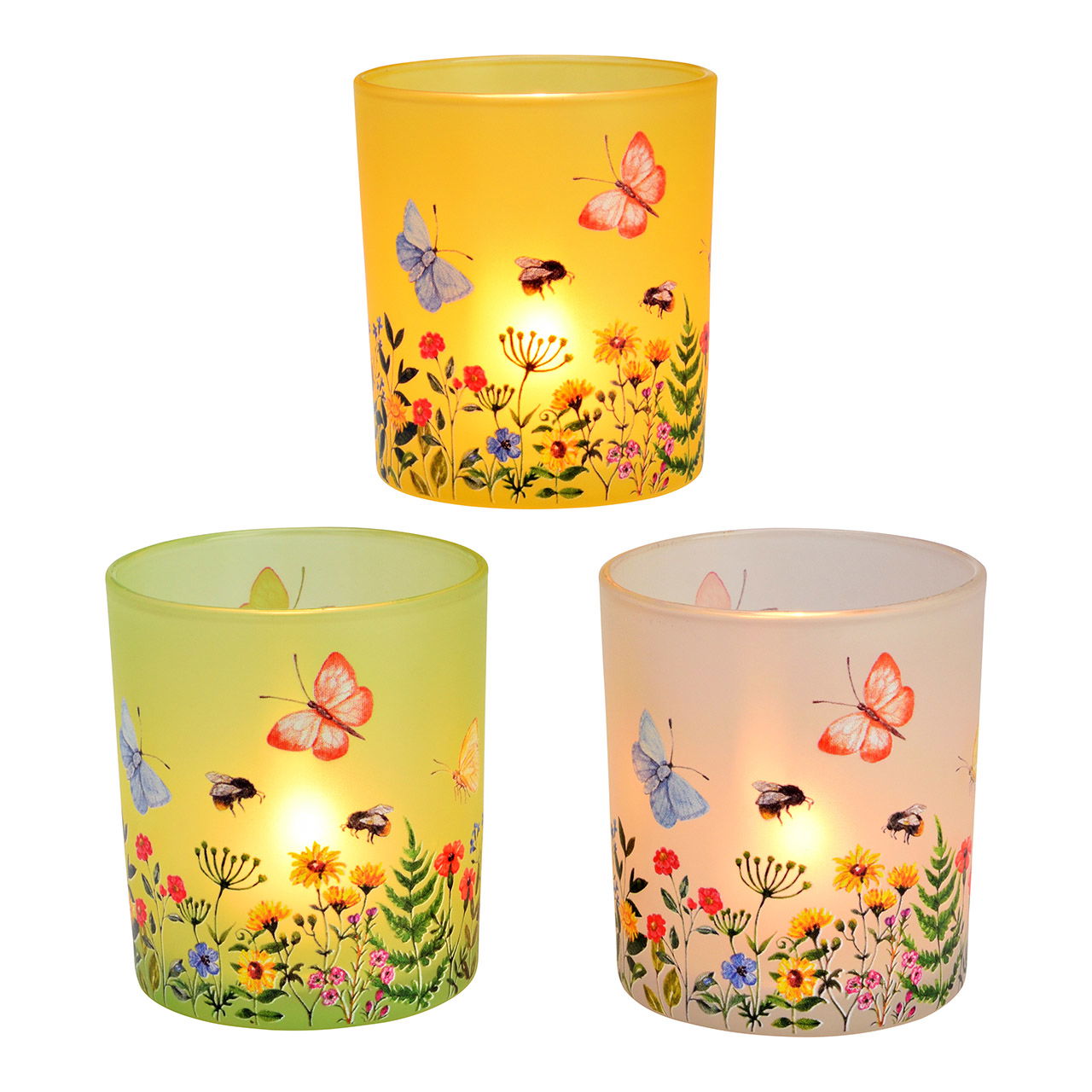 Windlicht Blumen/Schmetterling Dekor aus Glas, 3-fach, Gelb/Rosa/Grün (B/H/T) 9x10x9cm Pokal