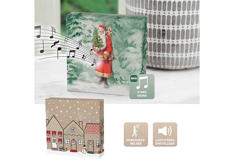 Caja de Sonidos de Navidad 2 sonidos diferentes, detector de movimiento, 3xAA no incluidos de papel/cartón de colores de 2 pliegues, (A/A/P) 12x12x3,5cm