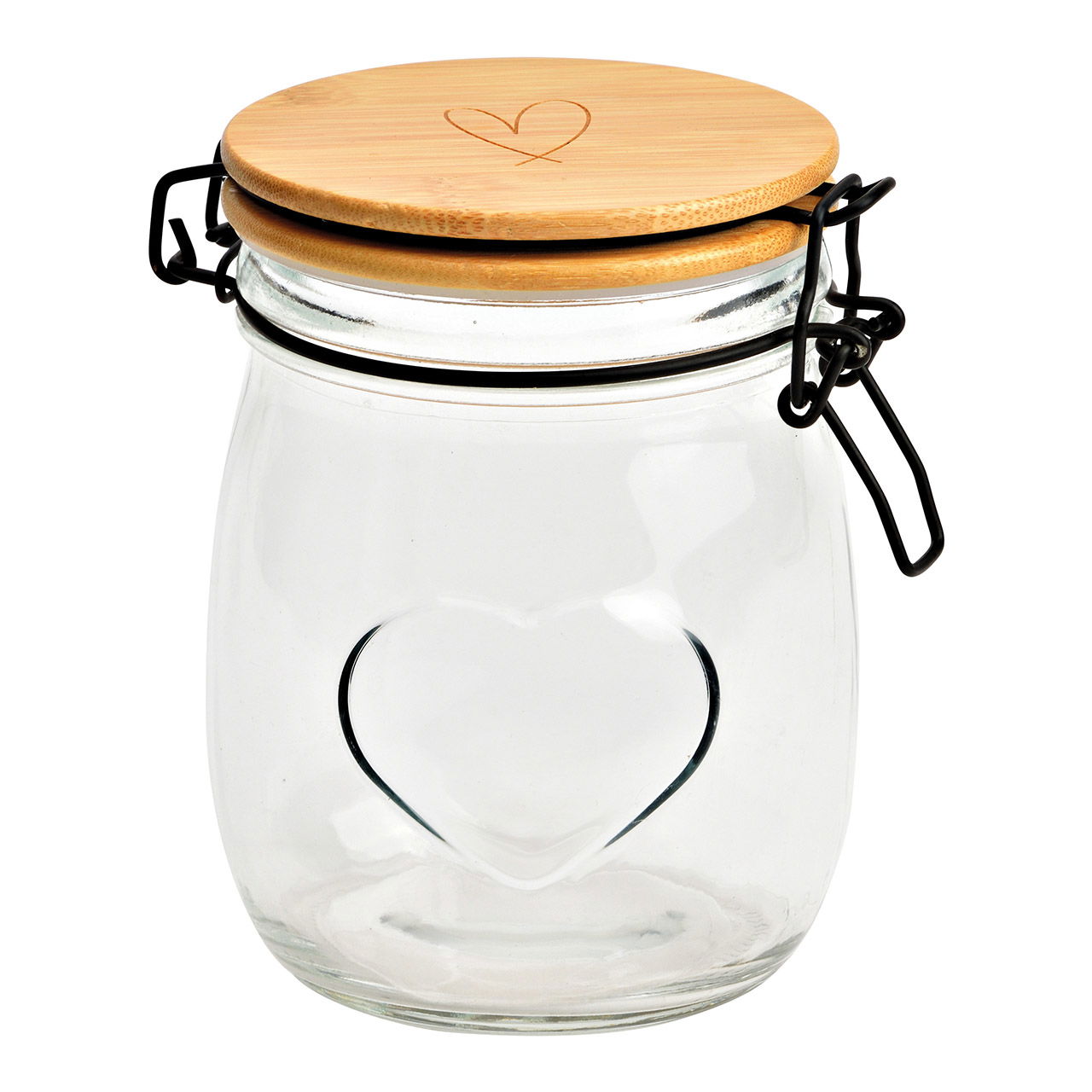 Storage jar heart decor with bamboo lid made of transparent glass (W/H/D) 11x14x11cm 700ml Storage jar heart decor with bamboo lid made of transparent glass (W/H/D) 11x14x11cm 700ml