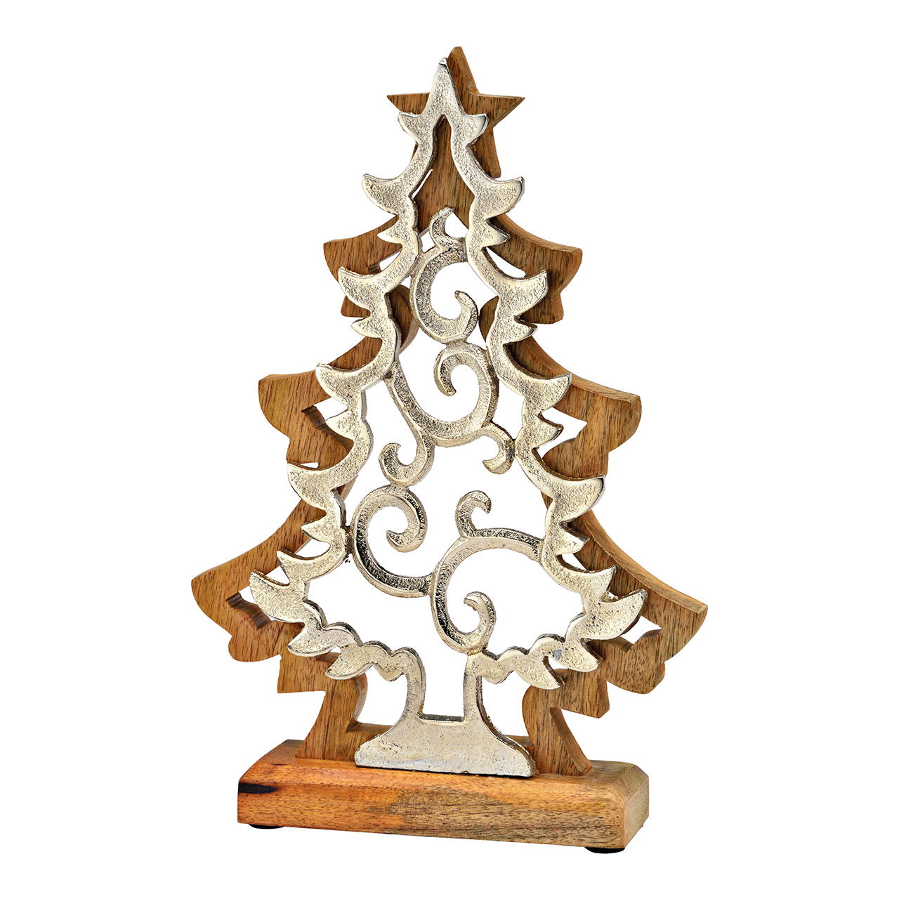 Aufsteller Tannenbaum aus Metall, Mangoholz silber (B/H/T) 20x30x5cm