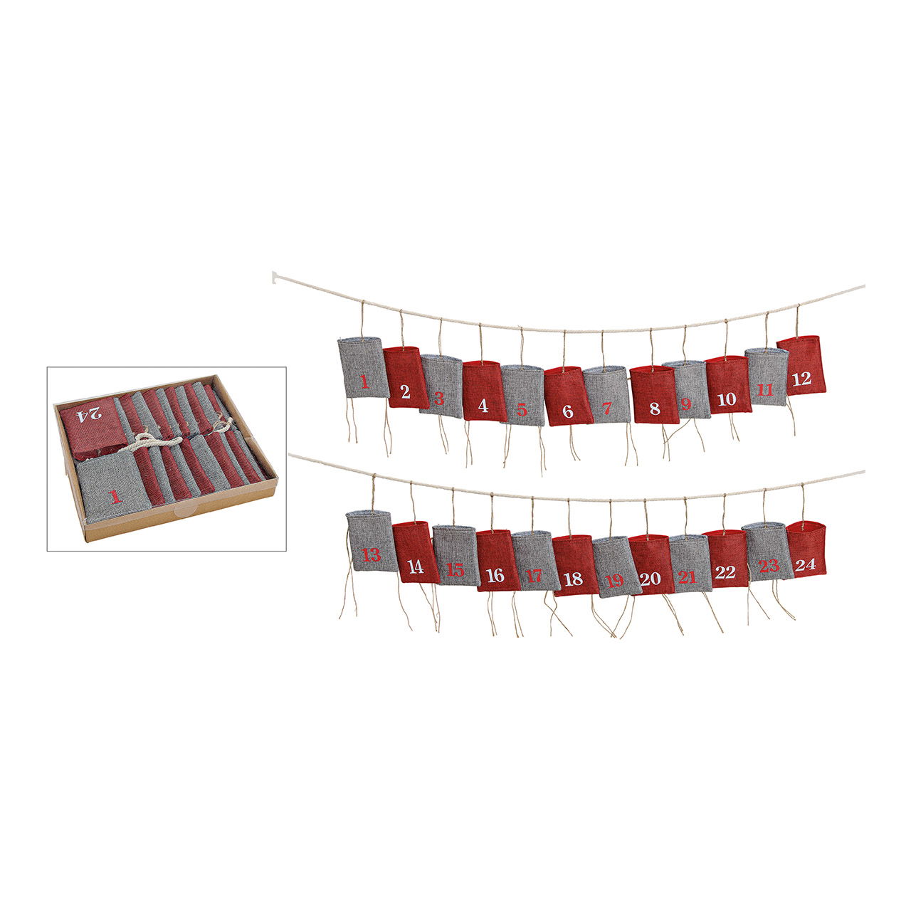 Adventskalender van textiel, 24 zakjes (B/H) 10x13cm, rood/grijs, 320cm Adventskalender van textiel, 24 zakjes (B/H) 10x13cm, rood/grijs, 320cm