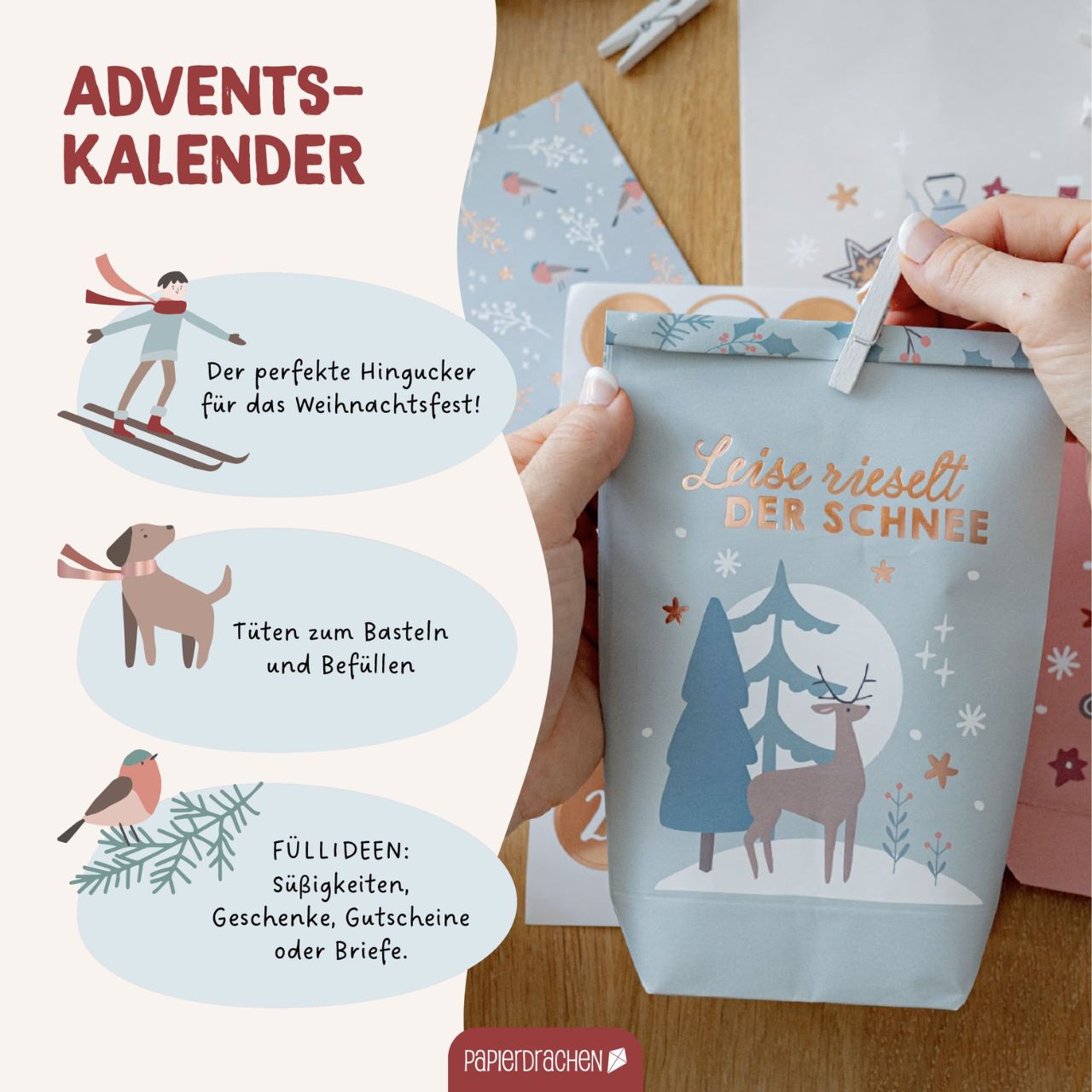 Adventskalender, Geschenkset, Weihnachtskalender, Tascheninhalt, Schneelandschaft