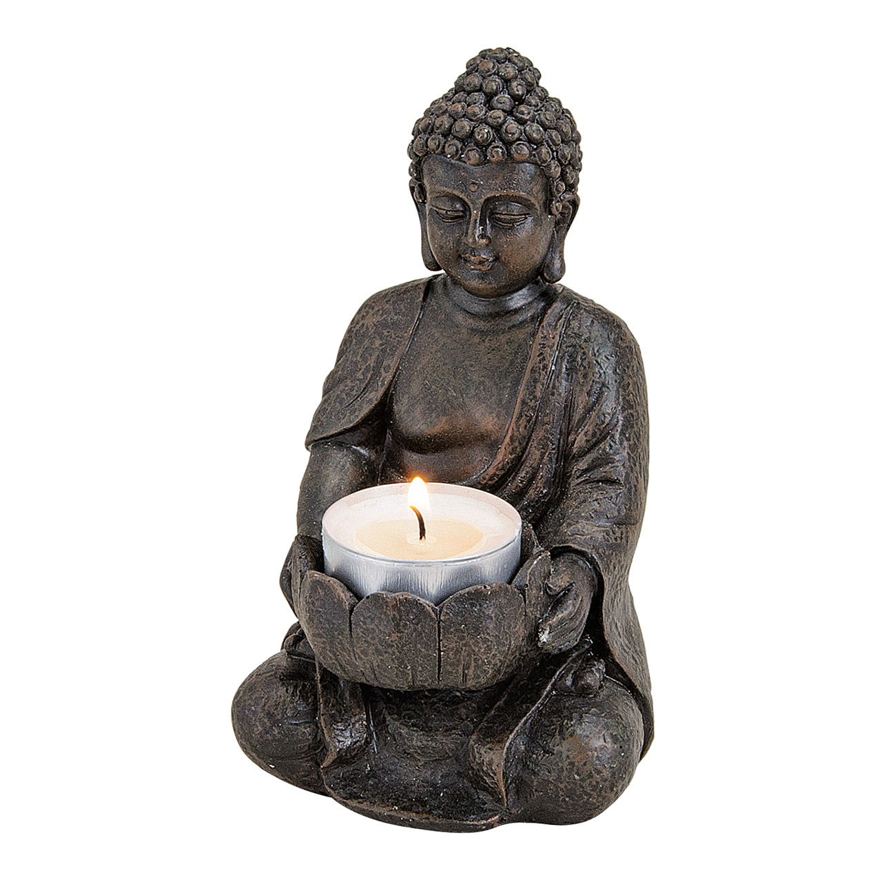 Buddha mit Teelichthalter in braun aus Poly, B9 x T8 x H14 cm Buddha mit Teelichthalter in braun aus Poly, B9 x T8 x H14 cm