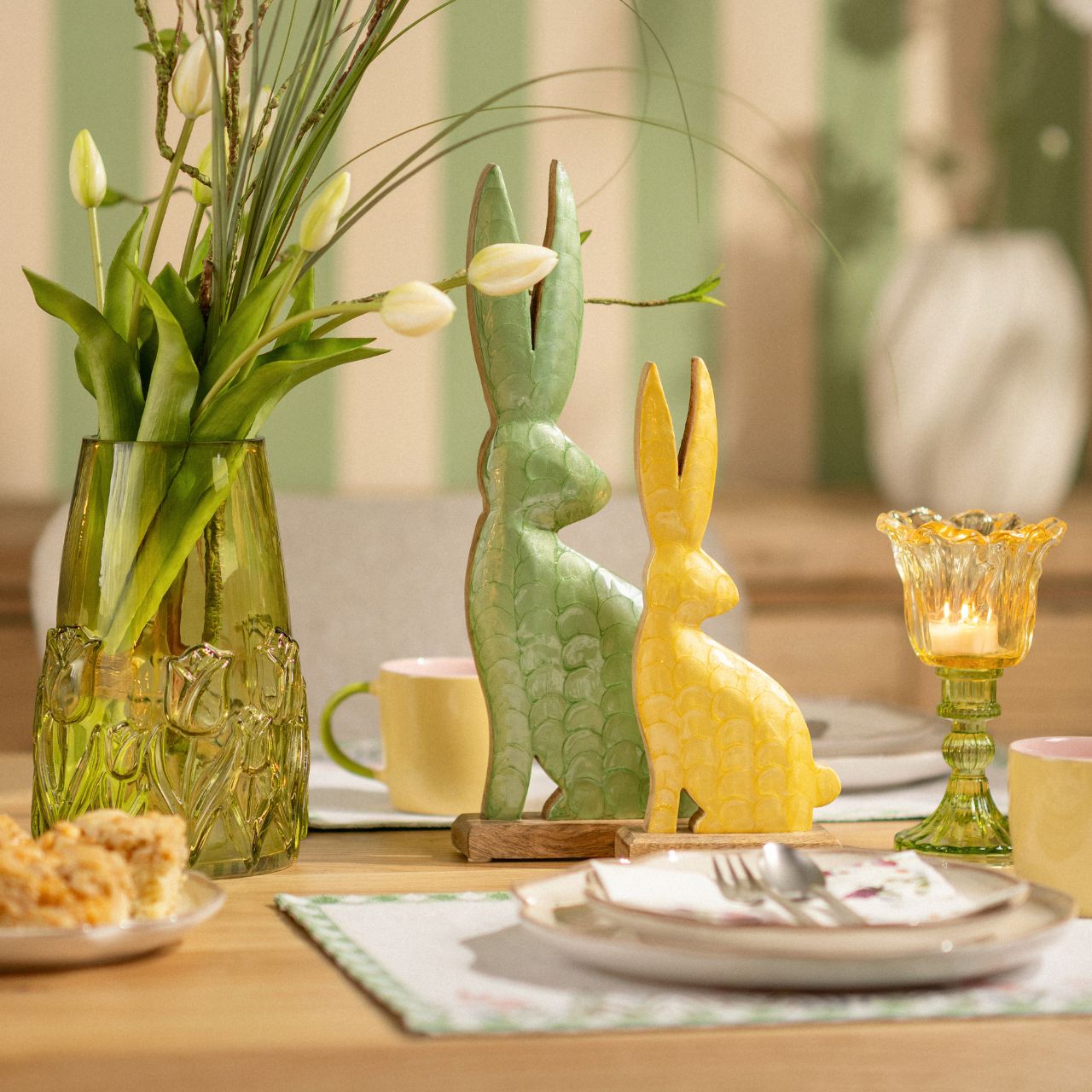 Aufsteller Hase aus Mangoholz, 3-fach, Gelb/Weiß/Grün (B/H/T) 11x26x5cm Spielzeug, Tier, Säugetier, Hase