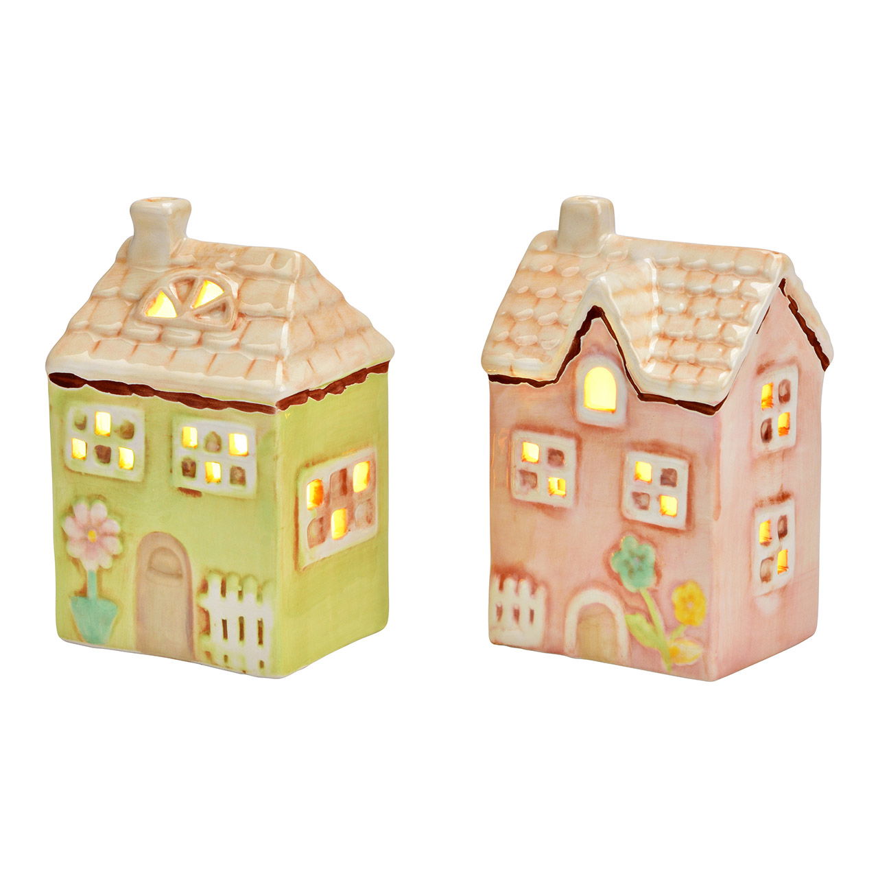 Maison lumineuse LED en céramique 2 fois, rose/vert(L/H/P) 8x12x6cm Fonctionnement sur piles 2xAG13 non incluses