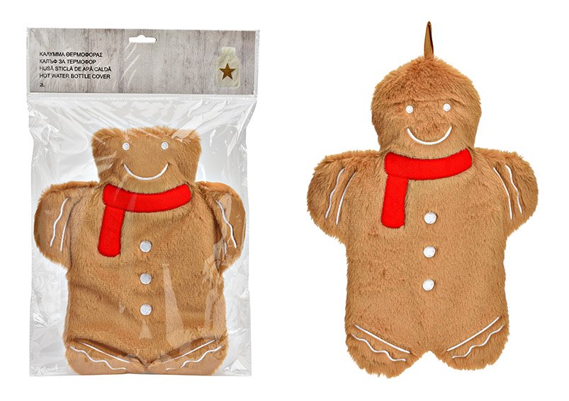 Hot water bottle gingerbread plush cover 0.7L made of brown plastic (W/H/D) 26x35x3cm