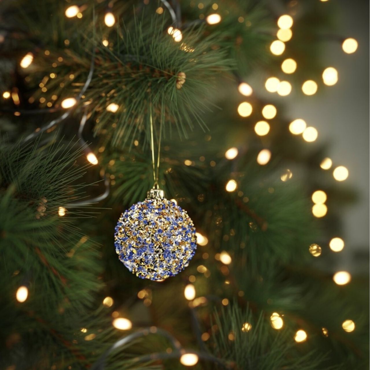 Glitzer Ornament, Christbaumkugel, Gold-Silber-Blau, Glitzersteine, Hängerlametta
