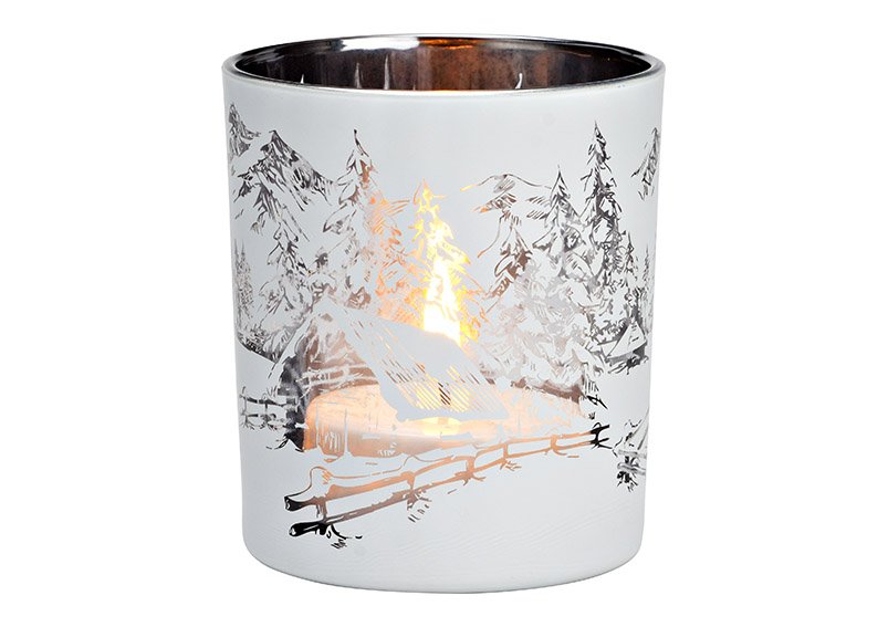 Porta tea light a vento foresta invernale in vetro bianco (L/H/D) 9x10x9cm
