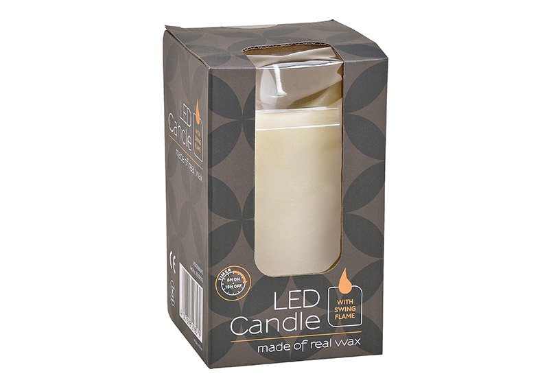 Led candle, moving light, with timer, wax, white (w/h/d) 7,5x15x7,5cm