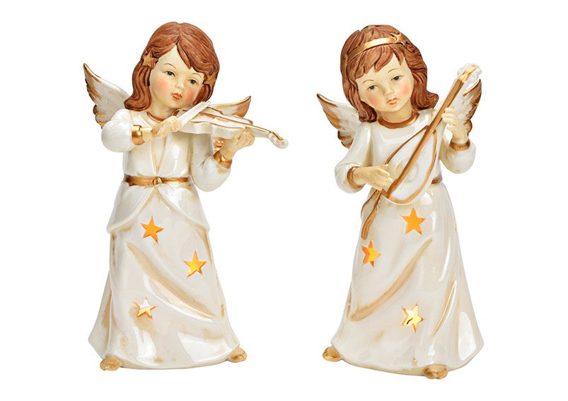 Wind light angel with instrument made of porcelain White 2-fold, (W/H/D) 11x19x9cm