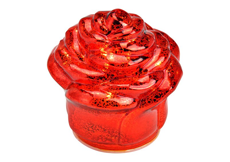 Rose mit 7er LED, Timer aus Glas Rot (B/H/T) 10x11x10cm