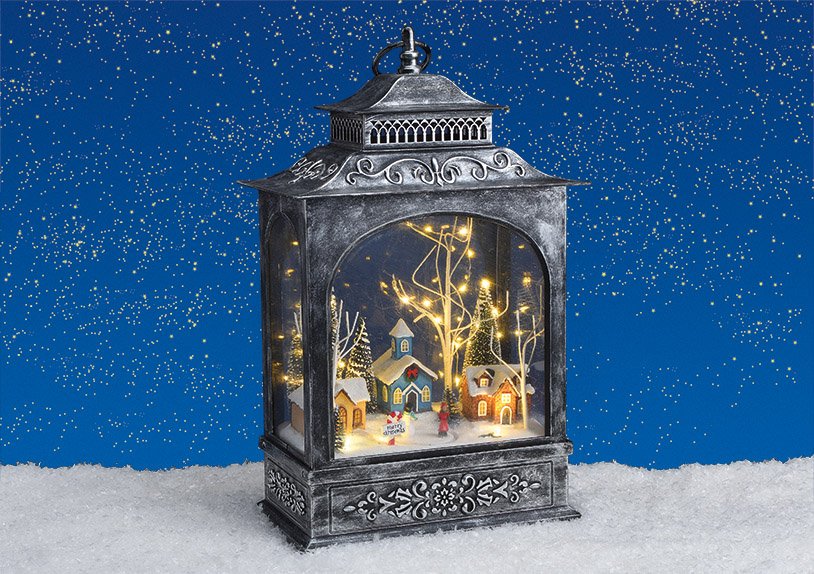 Lantaarn winter scène met licht, muziek, bewegen. plastic figuren gekleurd (w/h/d) 22x38x12cm