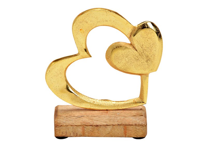 Stand heart metal, mango wood, gold, 13x11x5cm