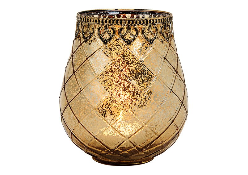 Photophore décor Maroc en verre, métal or (L/H/P) 15x18x15cm