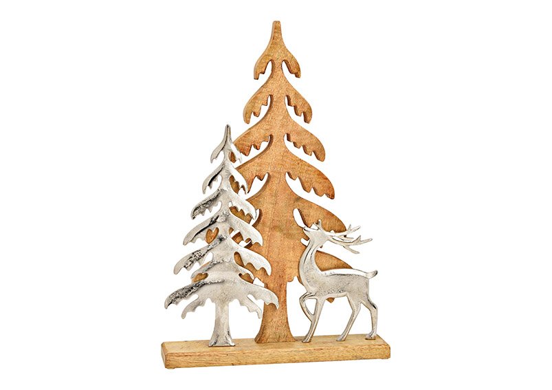 Kerstboomstandaard met metalen hert, boomversiering, gemaakt van mangohout naturel (w/h/d) 35x52x7cm